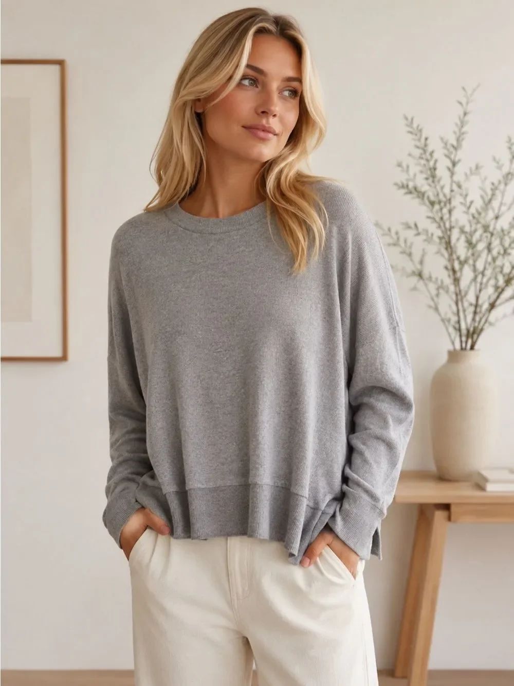 aerie Heather Gray Lightweight Crewneck Sweater